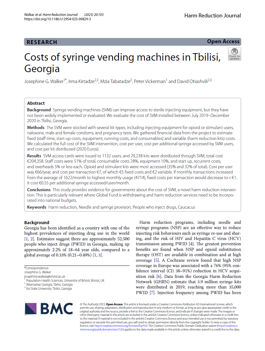Costs of syringe vending machines in Tbilisi, Georgia